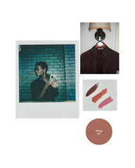 collage of photos: a polaroid, brown polo shirt, swatch of blushes, sleepy girl tag